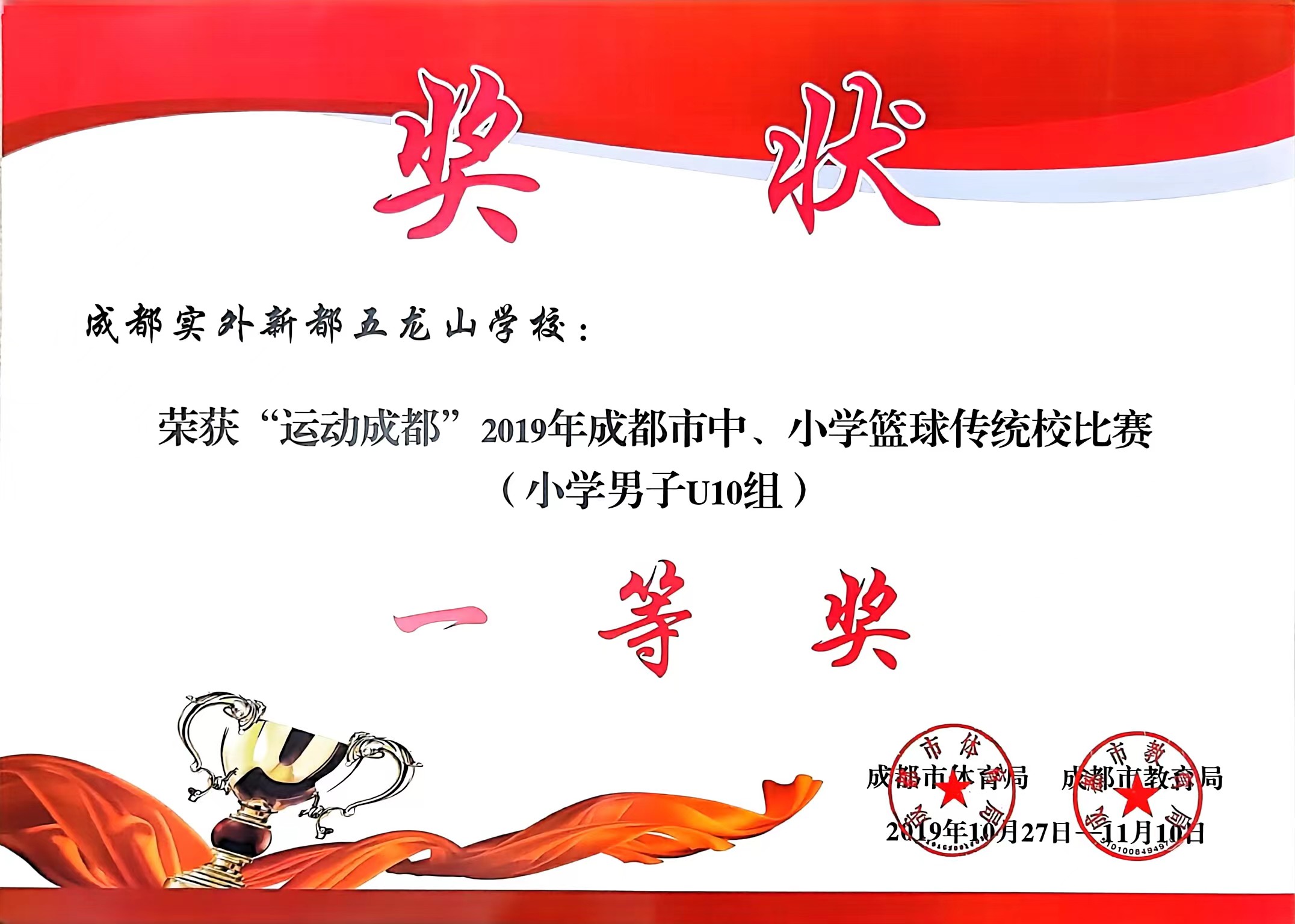 2019年10月成都市中、小學籃球傳統校比賽(小學男子U10組)：一等獎